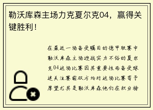 勒沃库森主场力克夏尔克04，赢得关键胜利！