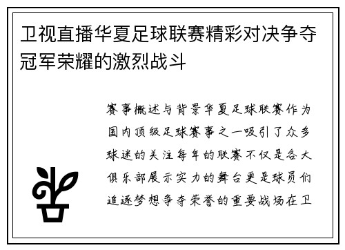 卫视直播华夏足球联赛精彩对决争夺冠军荣耀的激烈战斗