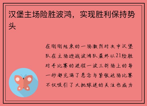 汉堡主场险胜波鸿，实现胜利保持势头