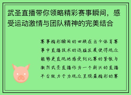 武圣直播带你领略精彩赛事瞬间，感受运动激情与团队精神的完美结合
